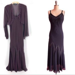 XScape Embellished Gown With Matching Jacket Maxi Formal Dress Plum Purple Sz 14